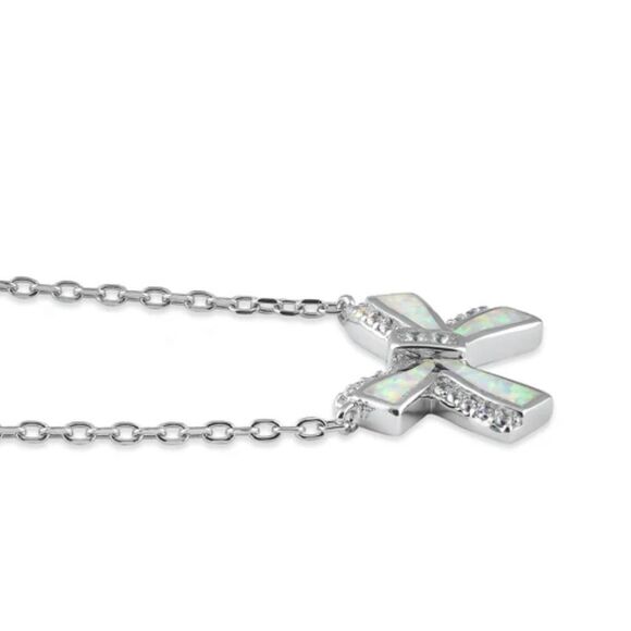 Sterling Silver White Opal and CZ Bow Adjustable Necklace New - Picture 4 of 6